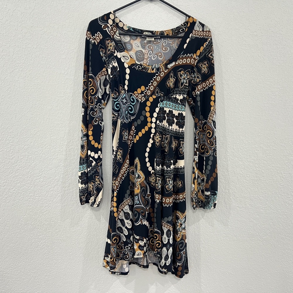 Charlotte Russe Womens L Brown Black Paisley Long Sleeve Dress Y2K Boho